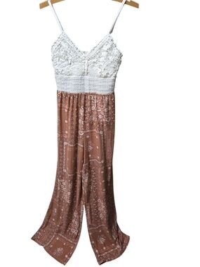 Rebel Heart Crochet Lace Bandana Print Wide Leg Jumpsuit Small Boho